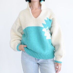 Handmade Cream w Teal Tree 100% Wool Collared Knit Pull Over Thick Sweater XL